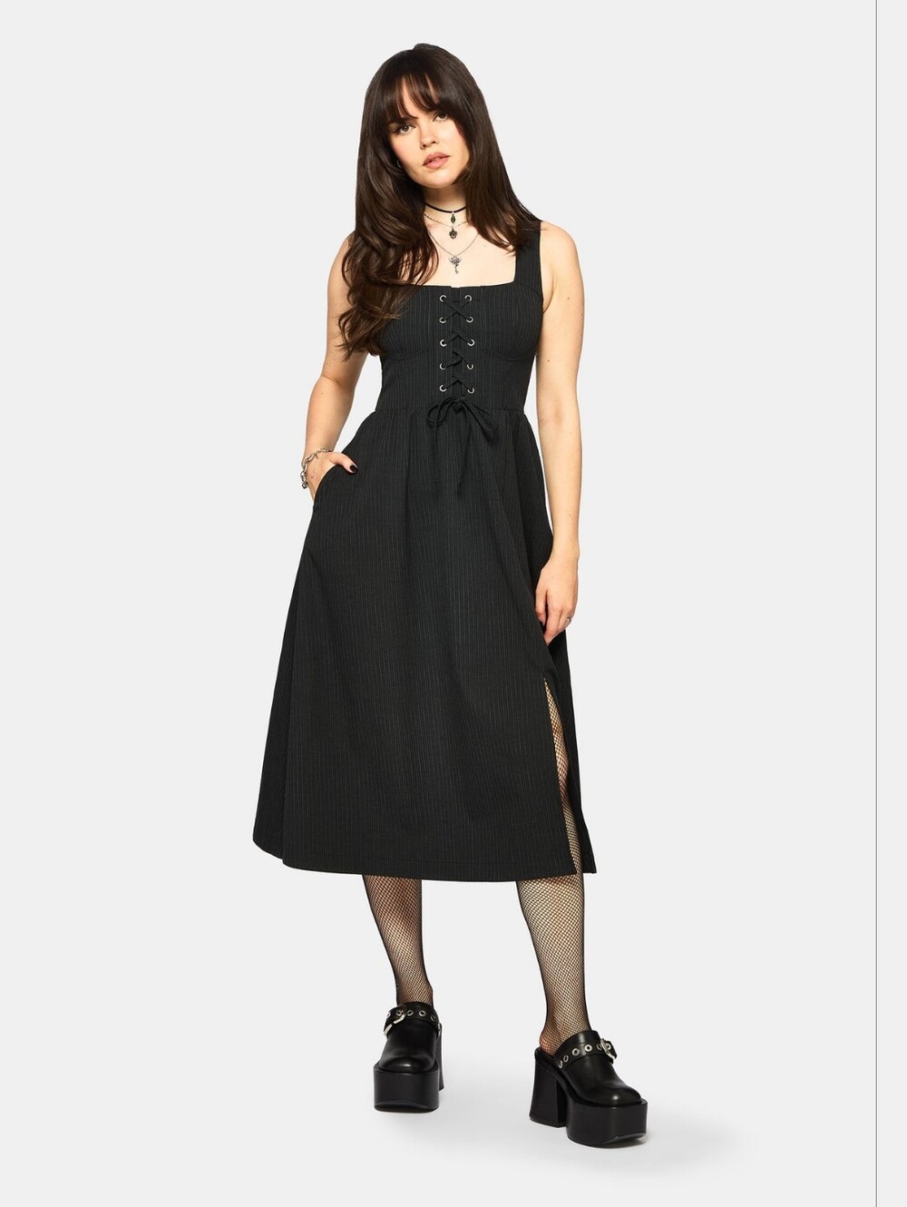 Disturbia Gloom Lace Up Front Corset Detail Pinstripe Midi Dress Size 12